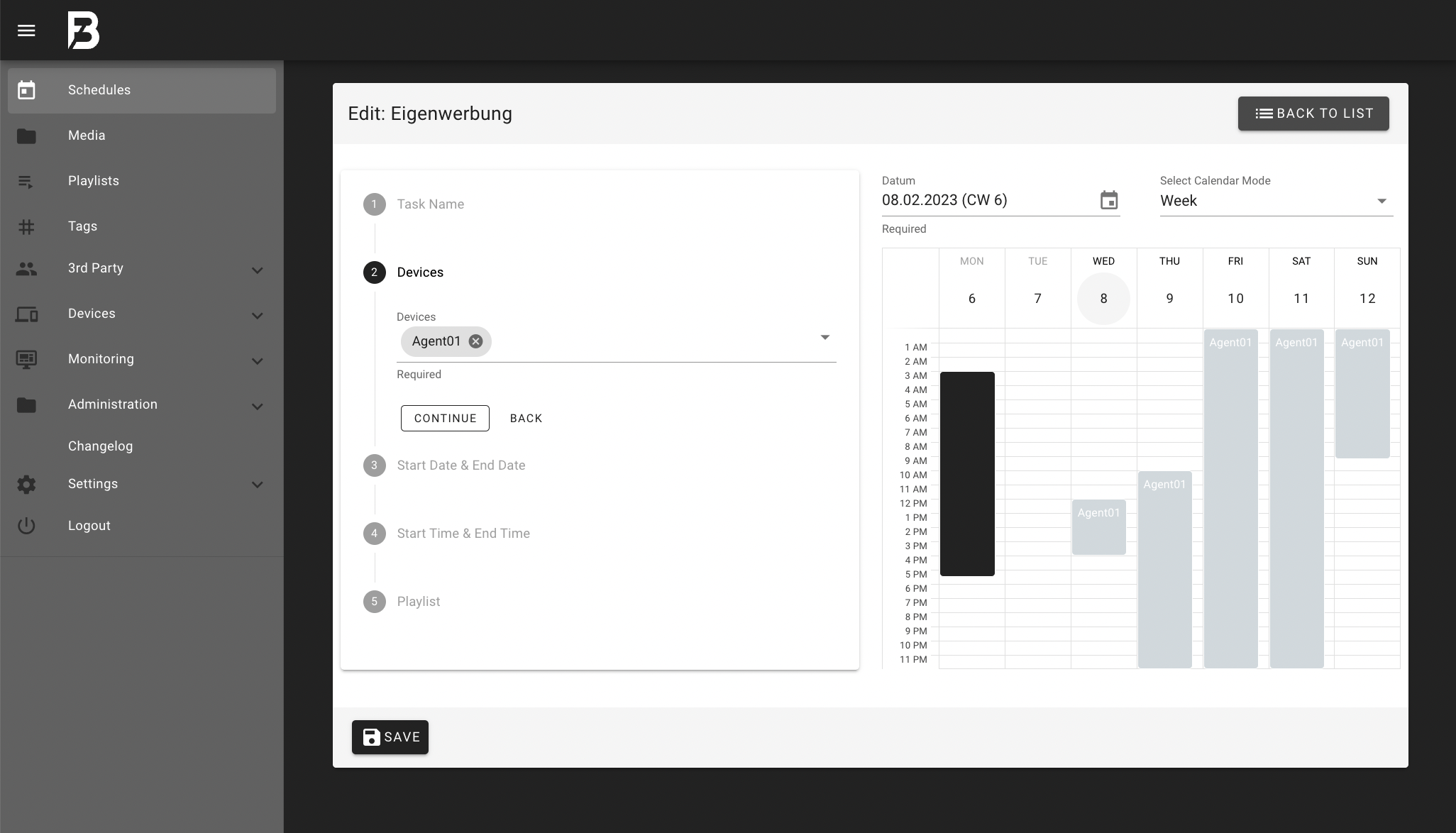 The desktop view of the Digital Signage solution Fensterblick. The image shows a calendar which allows to easily create individual playback schedules for multiple devices.